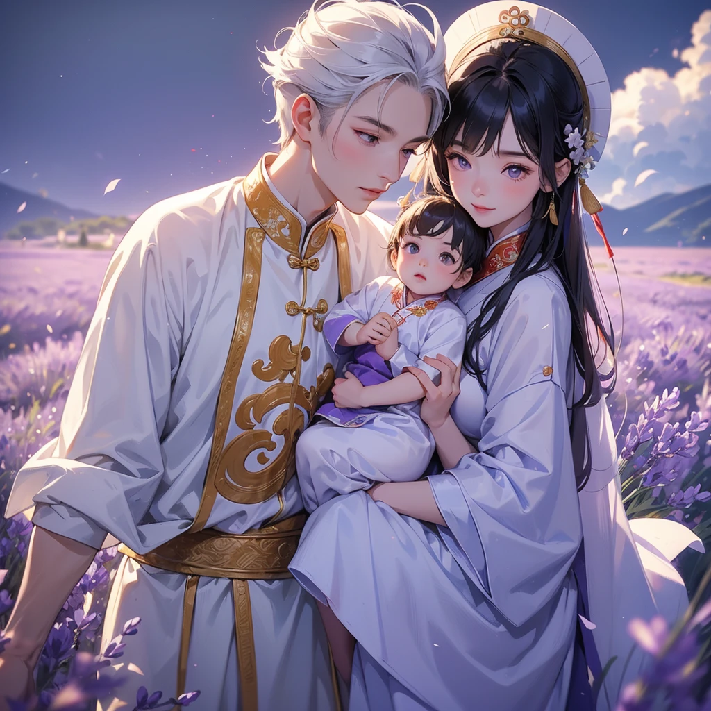 A one-year-old baby boy in an white ancient Chinese baby costume with his beautiful mother, dressed in an ancient Chinese costume, Stroll among the purple lavender fields , There are some floating clouds, playing with each other, with his handsome father standing next to his mother, close up.