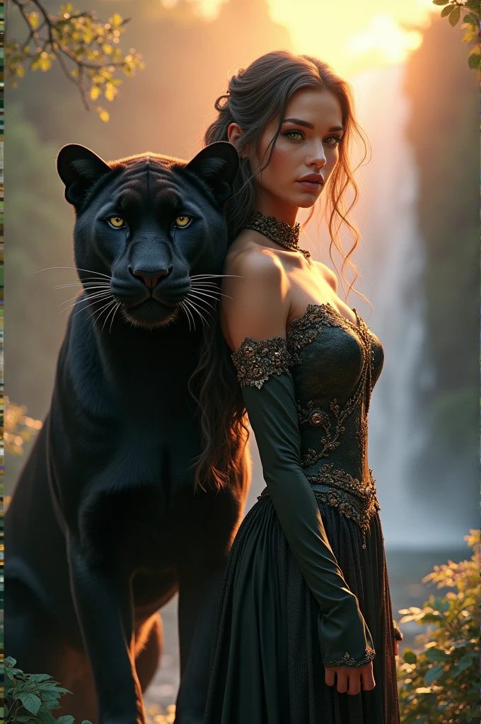 Brunette with green eyes and slightly dark skin posing with a proud and confident panther, optimal quality, Precise detail, realistic effect, cascade d'eau, sun set, barely visible rainbow, goutte d'eau, Fairytale Landscape, elegant outfit 