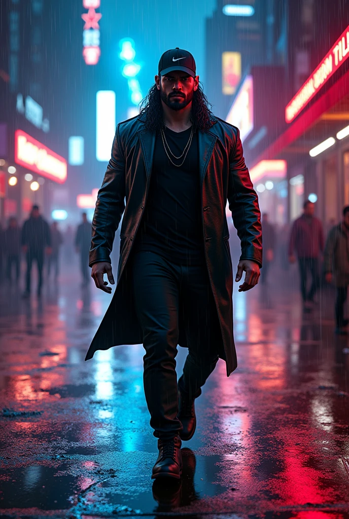 Roman Reigns walking down in raining neon street while wearing cap with angry face