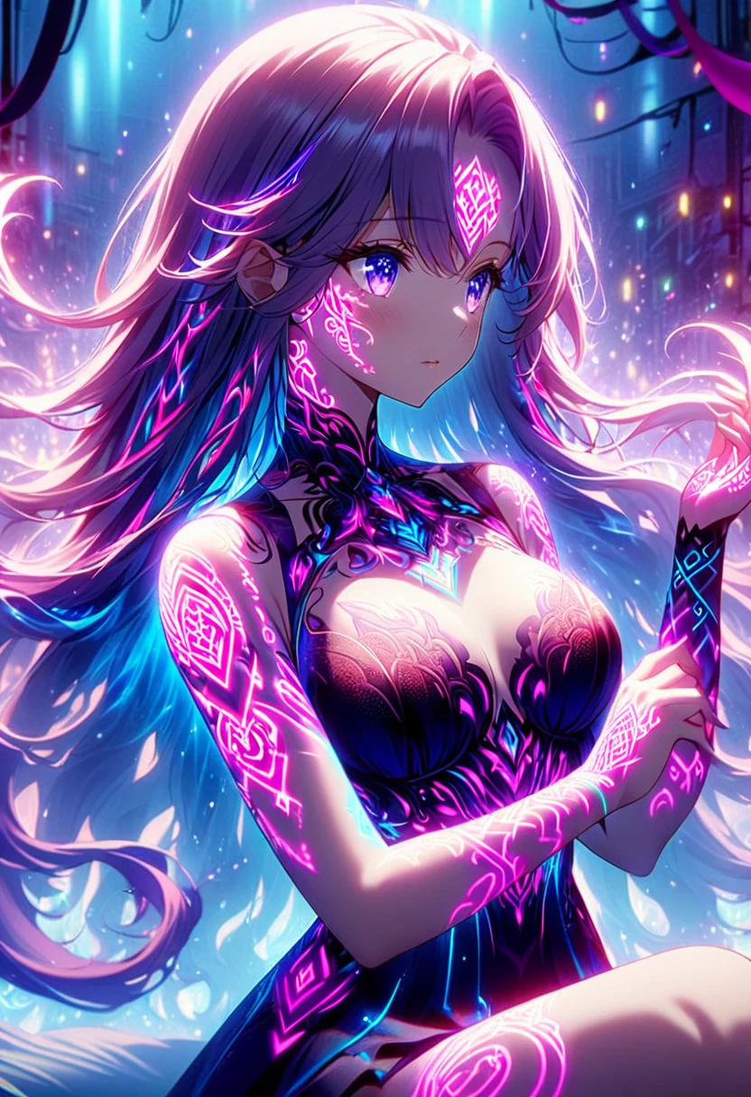 Anime screenshots、Artistic anime illustration of a woman adorned with glowing neon geometric dragon tattoos all over her body and face。Arm and leg tattoos、A mix of red and purple and fire。、It emits neon light。She has long, flowing hair。、、This scene has a dreamy soft-focus effect。、It highlights the dreamy glow of the tattoo.。、Back of hand、sit、