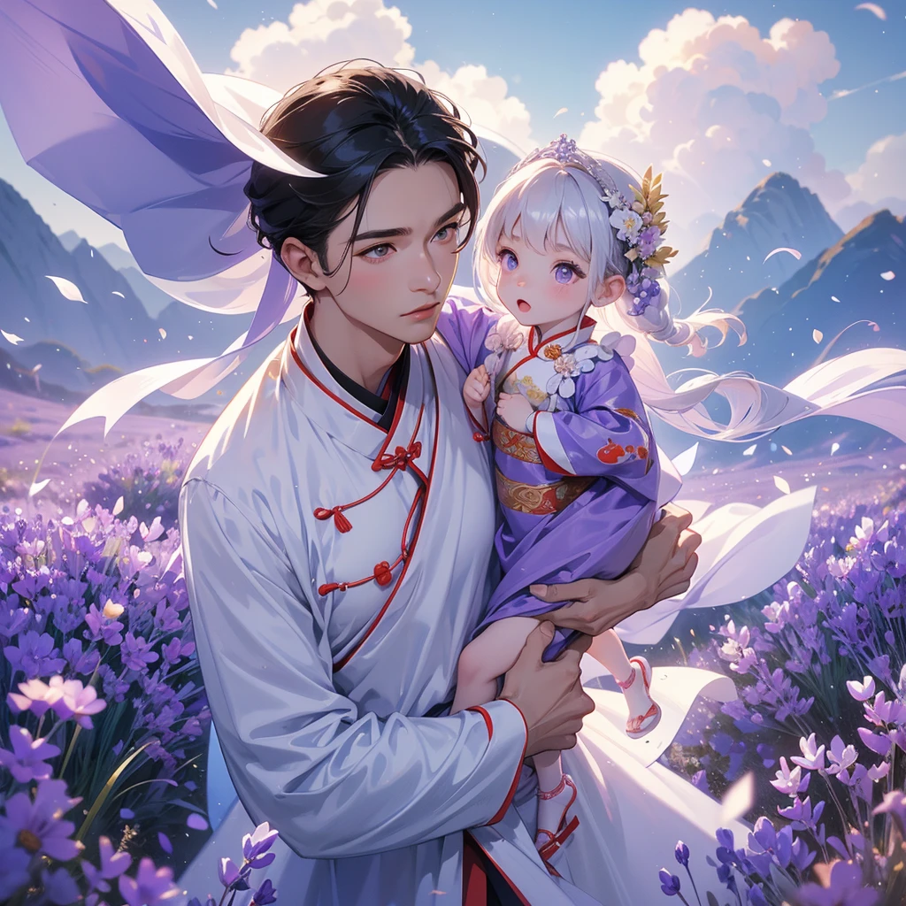 A one-year-old baby boy in an white ancient Chinese baby costume with his beautiful mother, dressed in an ancient Chinese costume, Stroll among the purple lavender fields , There are some floating clouds, playing with each other, with his handsome father standing next to his mother, close up.