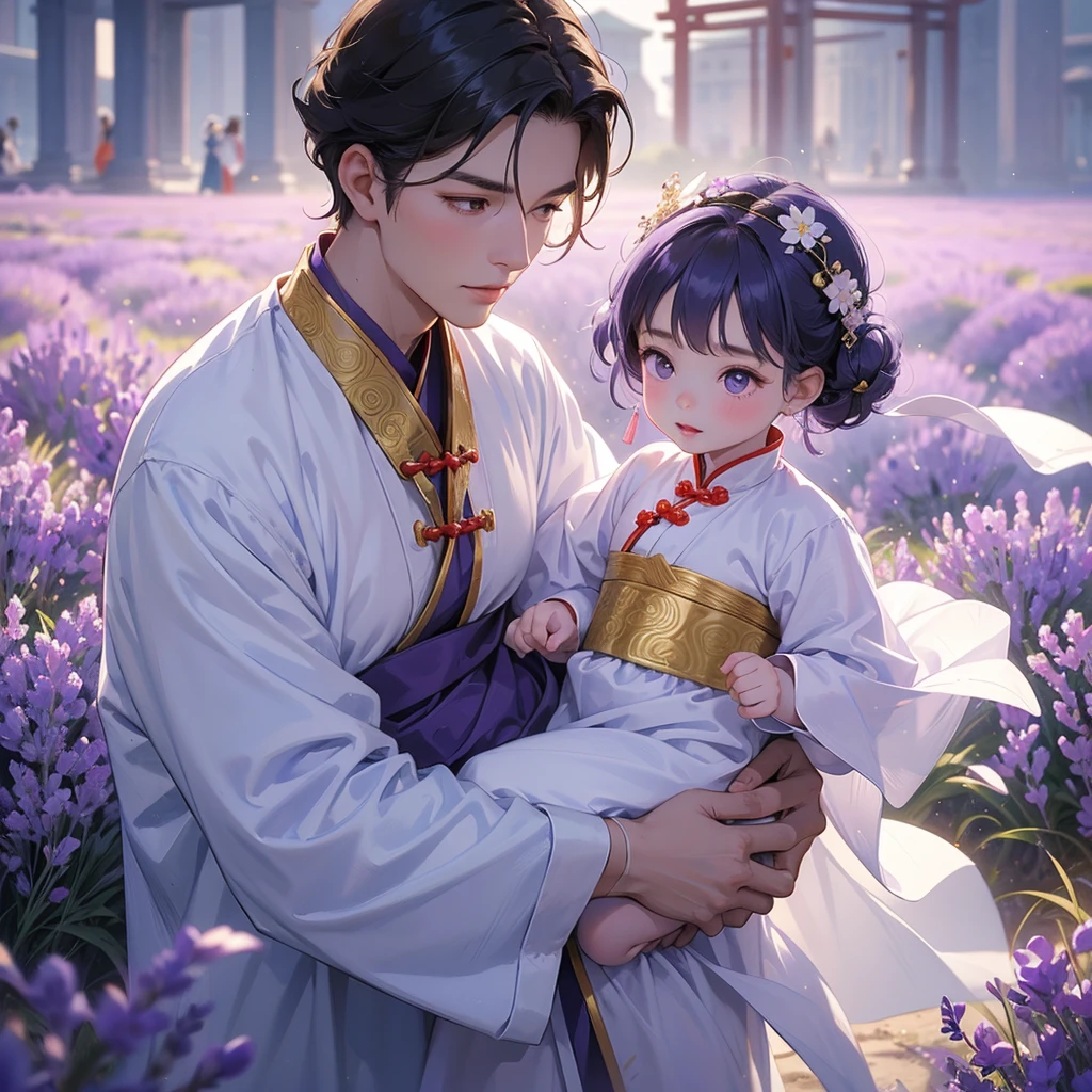 A one-year-old baby boy in an white ancient Chinese baby costume with his beautiful mother, dressed in an ancient Chinese costume, Stroll among the purple lavender fields , There are some floating clouds, playing with each other, with his handsome father standing next to his mother, close up.