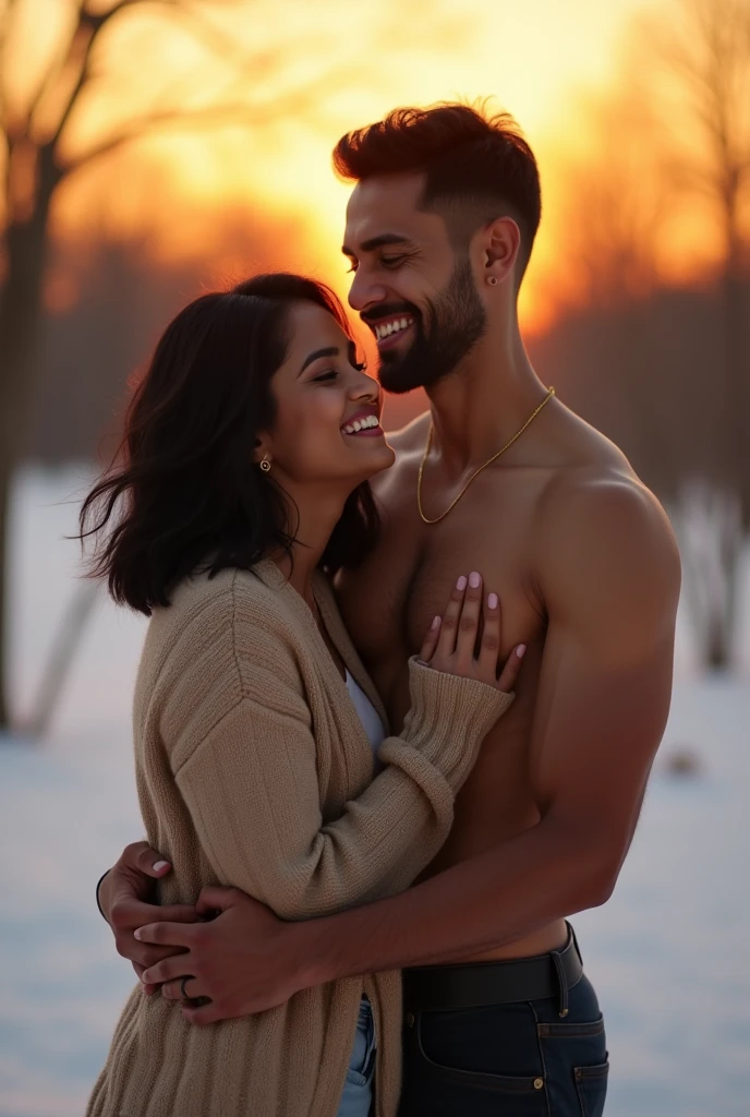 A 20 year old beautiful Indian girl with white skin tone, shoulder length black hair laughing with her 20 year old tall handsome boyfriend, 8 inches taller than her, with toned muscles hugging her from back and making her laugh with winter season sunrise in background 