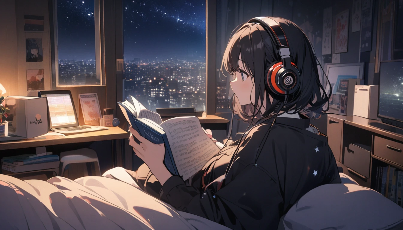 A black-haired woman wearing headphones reading a book in her room,Night starry sky,Streetscape、listen to music、Japanese