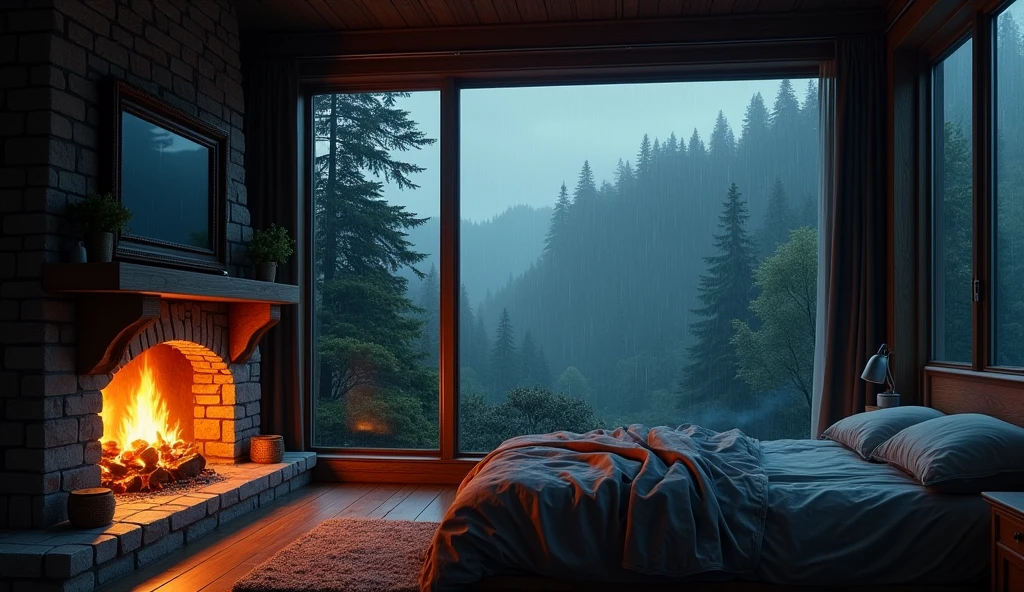 Bedroom view with fire in the fireplace in the room, large windows overlooking the forest, quiet night. original image, rainy day. original rendering, rainy night, gloomy cinematic lighting, atmosphere. digital painting, moody cartoon scenes, dramatic lighting. cinematic, cinematic,concept art, atmospheric shots, gloomy weather. hyperrealistic, atmospheric rendering, rainy night, huge forest, cinematic, 4k, ultra hd,atmospheric and gritty details, beautiful and cinematic lighting, rainforest