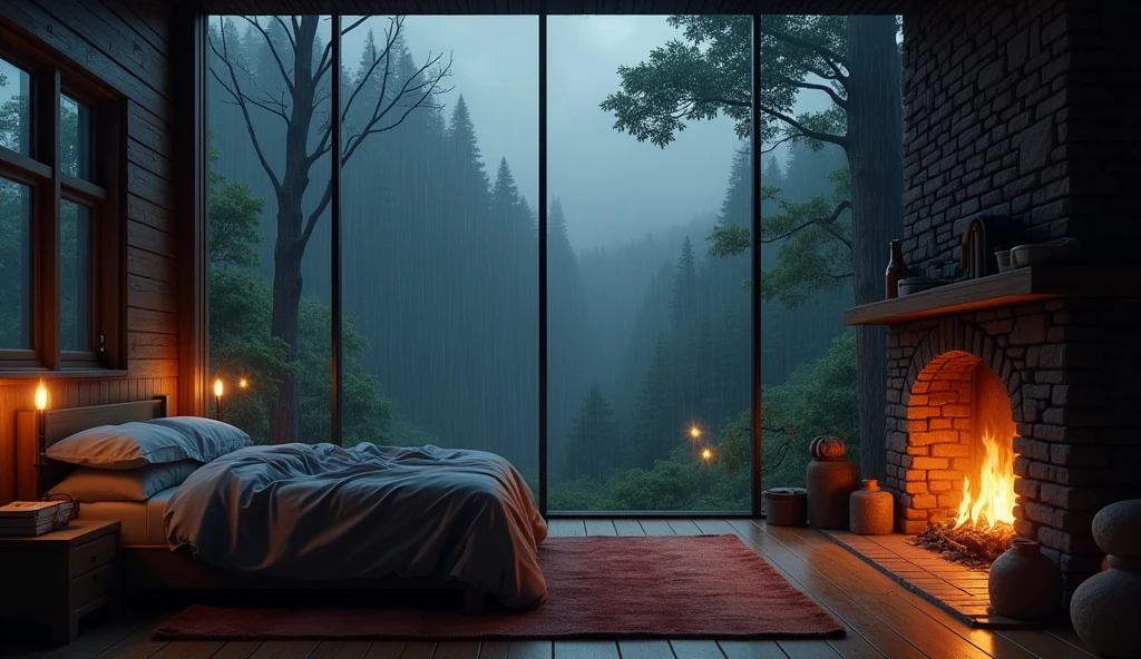 Bedroom view with fire in the fireplace in the room, large windows overlooking the forest, quiet night. original image, rainy day. original rendering, rainy night, gloomy cinematic lighting, atmosphere. digital painting, moody cartoon scenes, dramatic lighting. cinematic, cinematic,concept art, atmospheric shots, gloomy weather. hyperrealistic, atmospheric rendering, rainy night, huge forest, cinematic, 4k, ultra hd,atmospheric and gritty details, beautiful and cinematic lighting, rainforest