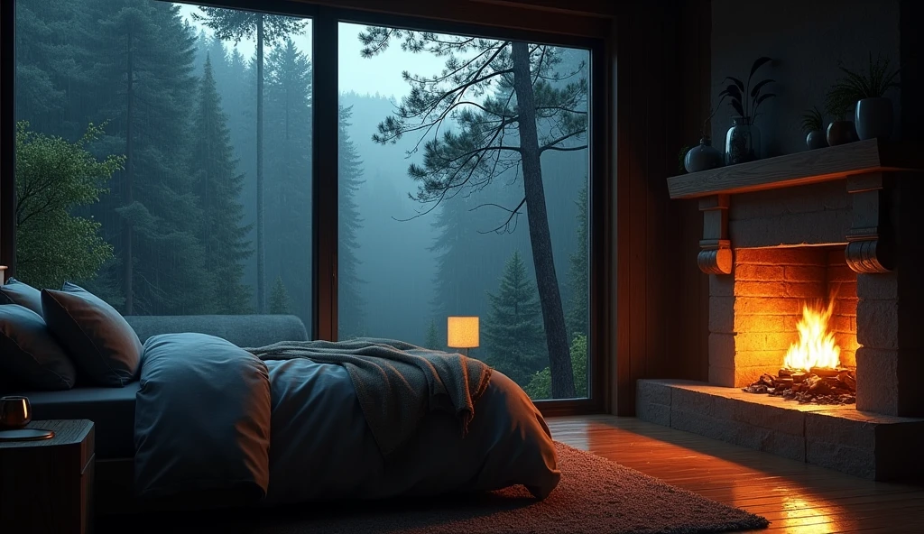 Bedroom view with fire in the fireplace in the room, large windows overlooking the forest, quiet night. original image, rainy day. original rendering, rainy night, gloomy cinematic lighting, atmosphere. digital painting, moody cartoon scenes, dramatic lighting. cinematic, cinematic,concept art, atmospheric shots, gloomy weather. hyperrealistic, atmospheric rendering, rainy night, huge forest, cinematic, 4k, ultra hd,atmospheric and gritty details, beautiful and cinematic lighting, rainforest