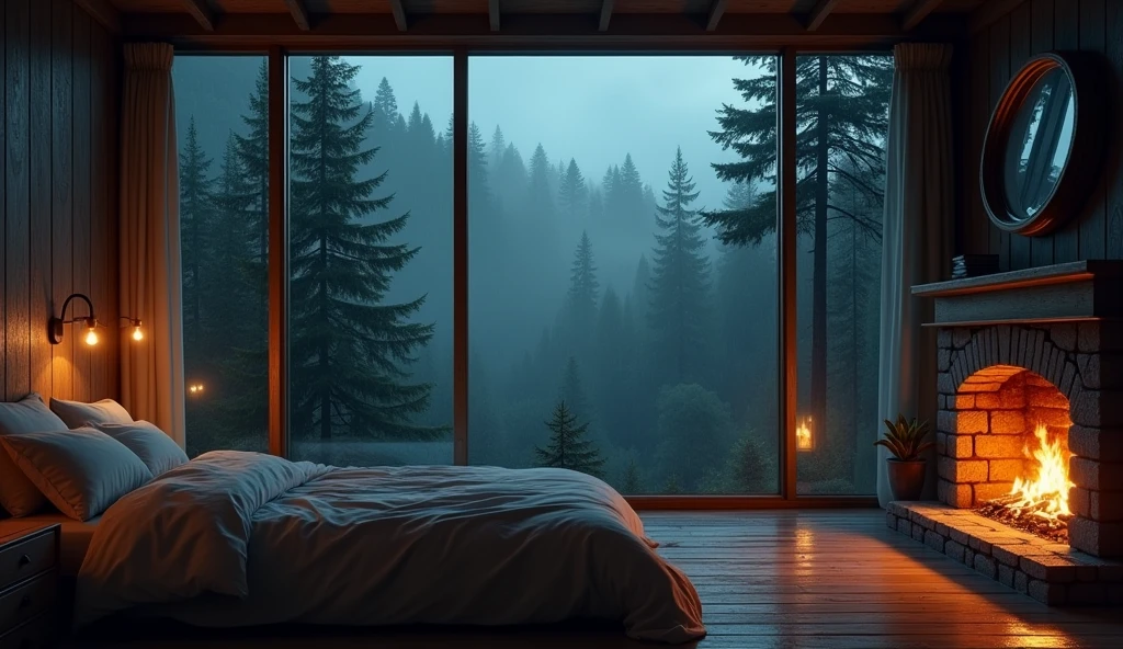 Bedroom view with fire in the fireplace in the room, large windows overlooking the forest, quiet night. original image, rainy day. original rendering, rainy night, gloomy cinematic lighting, atmosphere. digital painting, moody cartoon scenes, dramatic lighting. cinematic, cinematic,concept art, atmospheric shots, gloomy weather. hyperrealistic, atmospheric rendering, rainy night, huge forest, cinematic, 4k, ultra hd,atmospheric and gritty details, beautiful and cinematic lighting, rainforest