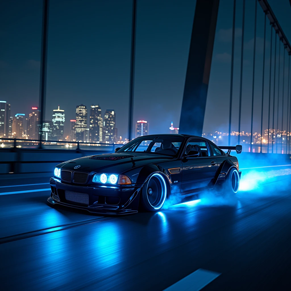 A lowered car with blue neon light, betting on a race on a bridge in sao paulo in brazil, the night.