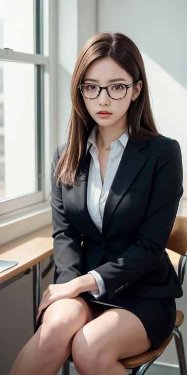 Tabletop、(masterpiece:1.3), (8k, Photorealistic: 1.4, RAW Photos, Best image quality: 1.4), Japanese Idols、Super detailed face、Attention to detail、Genuine、 double eyelid、Big and attractive eyes,Perfectly beautiful eyes、 Sharp focus:1.2、Beautiful woman:1.5、 Light brown hair、 Highest quality、masterpiece、Ultra-high resolution、Depth of written boundary、Perfect Shadow、(Photorealistic:1.4)、 Highly detailed and professional lighting、 Perfectly shaped、Symmetrical face、beautiful girl,Sharp focus, Perfect Anatomy,Realistic Light、business suit、skirt、classroom、Large black-rimmed glasses、realistic glasses、sitting in a chair in front of the window、Sitting on a chair with legs spread、