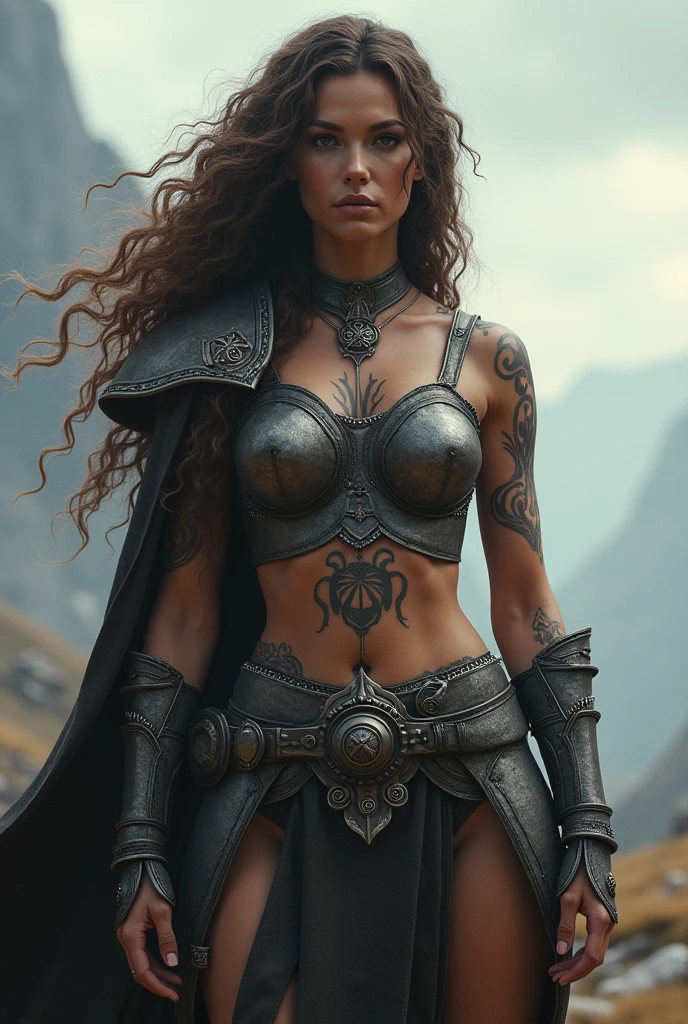 Valkyrie warrior, Long curly brown hair, eyes black, skin fair, mistic tattoos, armour 