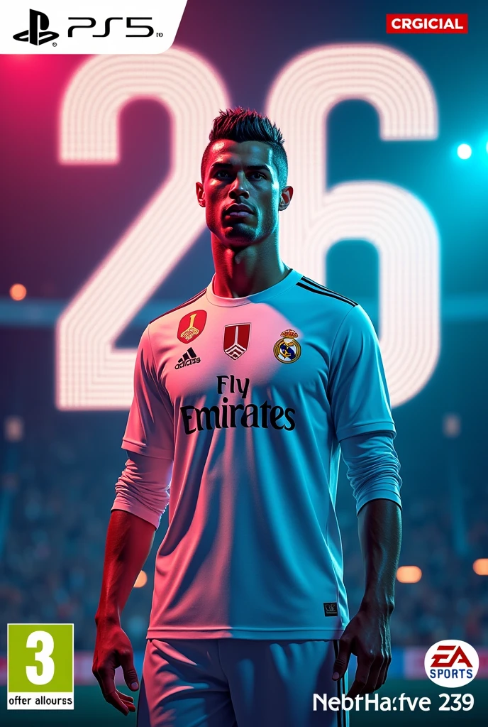 Jeux ps5 football cover logo écrit fc 26 cristiano ronaldo real madrid kit 2024