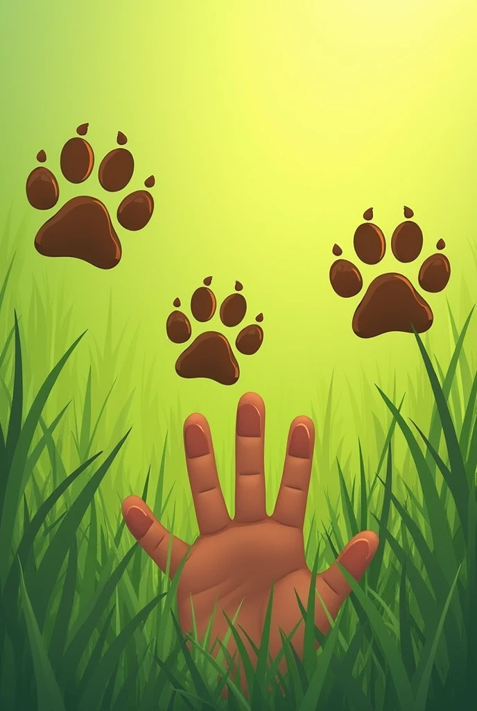 Three dog paw prints in the grass with a human handprint in the grass. Version cartoon 