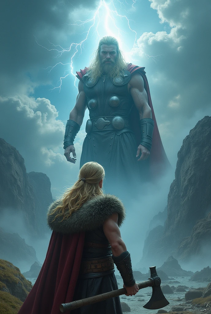 Young blond Viking having a vision with the god Thor.