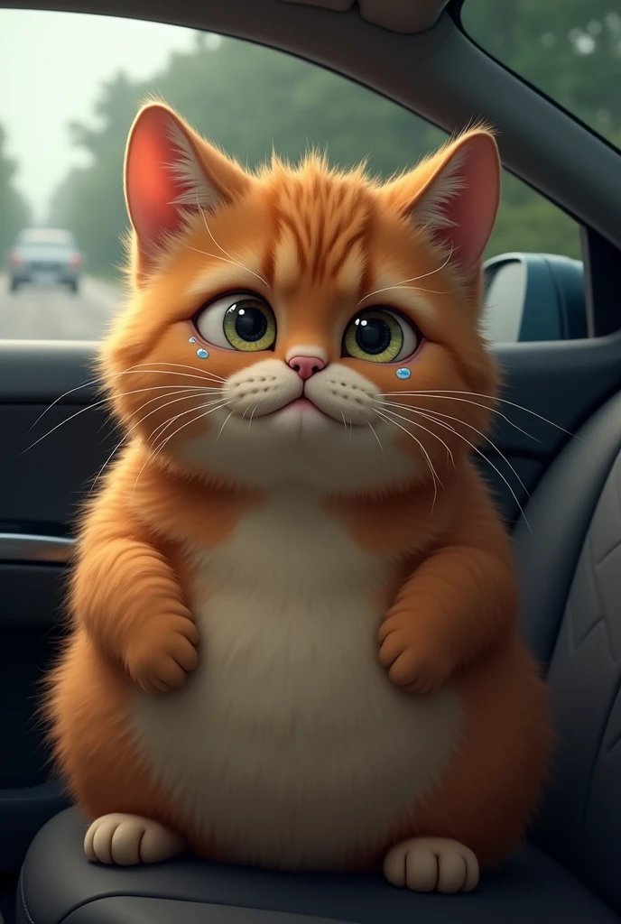 orange fat cat crying in car