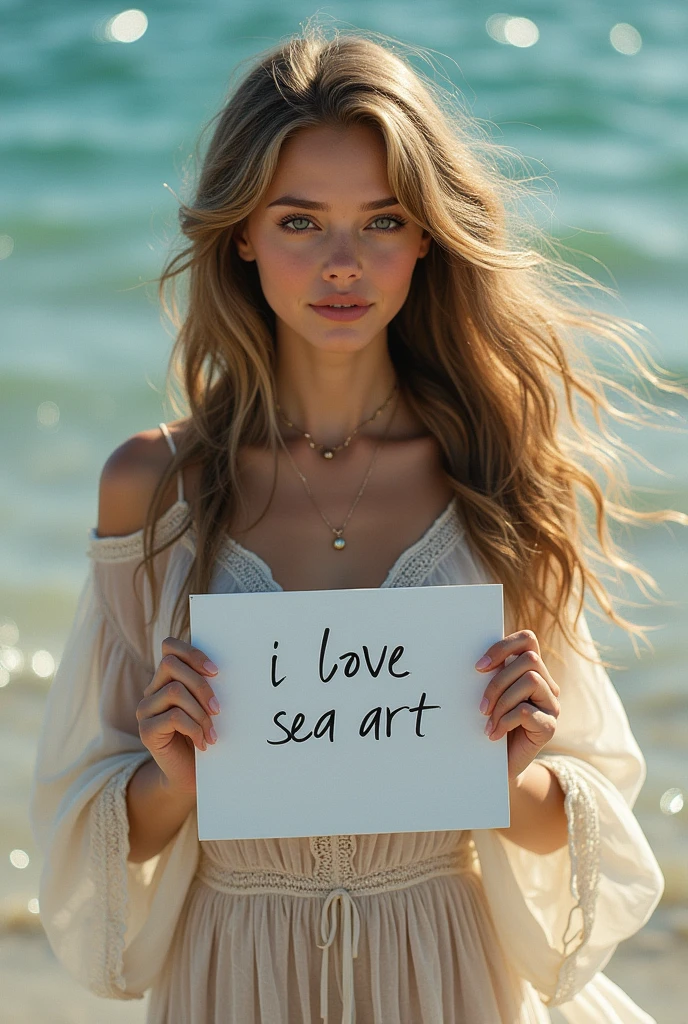 Beautiful girl with wavy long hair, bohemian dress, holding a white board with text "I Love Seaart Infinity" and showing it to the viewer