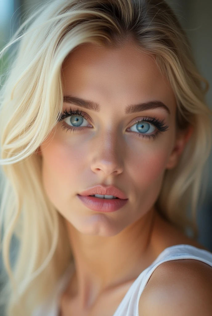 Femme blonde yeux bleu de bleu full face qualiter 4k sans double manton et beaucoup maquillée avec des fausette