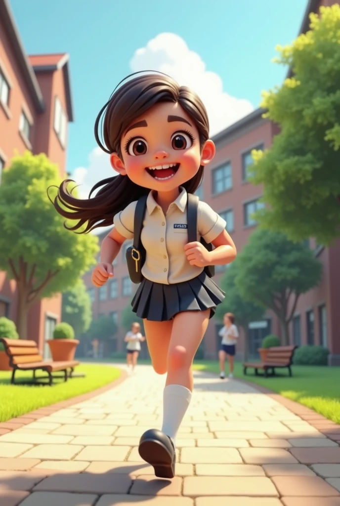 A girl running in the campus,Wearing school uniform,carrying a bag,Smiling happy expression,Cartoon 3D style