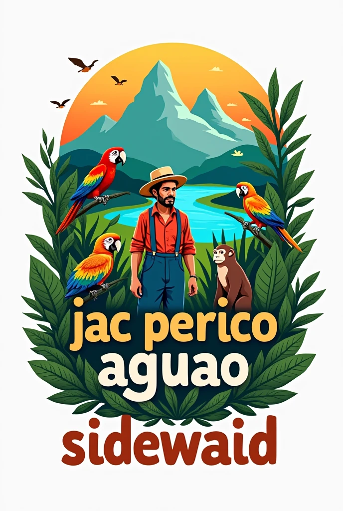 Create a logo in Spanish for a company with the following characteristics: Image with the two peaks of the Sierra Nevada of Santa Marta, farmer, laguna, river to the sea, Macaw, monkey and box that says: JAC PERICO AGUAO SIDEWALK