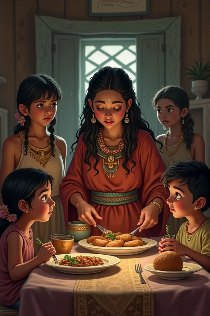SCENE 1: Life with the Visual Grandma: Hunbatz and Hunchouén eating while the grandmother, Ixmucané, She seems pleased. In the background, You can see the little Hunahpú and Ixbalanqué, sad and looking at the food. Text: "Hunbatz y Hunchouén, sons of Hun-Hunahpú, They lived with their grandmother Ixmucané. He treated them well, while Hunahpú and Ixbalanqué suffered their mistreatment."