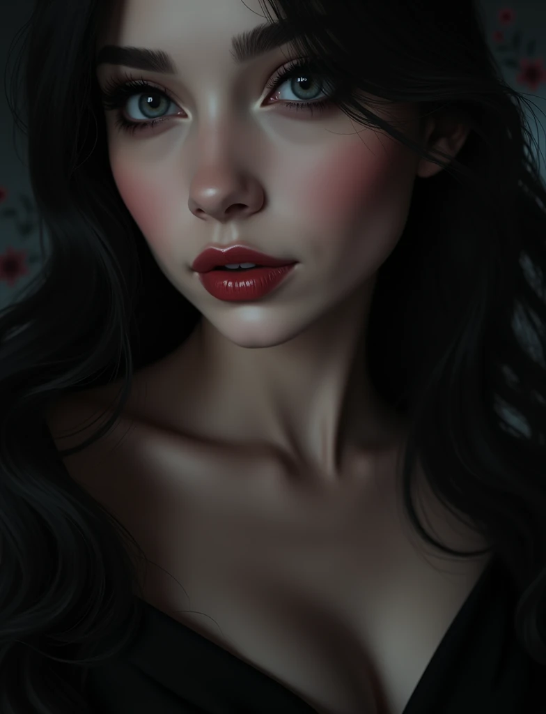 a beautiful femme fatale with long flowing hair, hyper realistic, ethereal, dramatic lighting, moody and mysterious, (best quality,4k,8k,highres,masterpiece:1.2),ultra-detailed,(realistic,photorealistic,photo-realistic:1.37),extremely detailed face,deep eyes,full lips,elegant pose,dramatic shadow,dramatic color palette,cinematic,chiaroscuro,dramatic atmosphere,ethereal