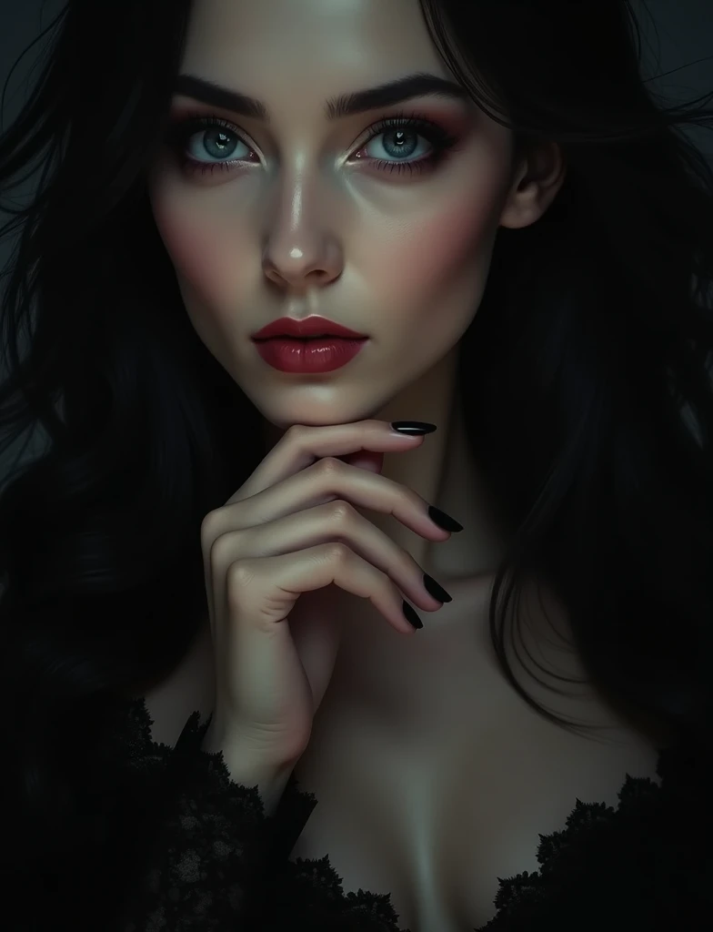 a beautiful femme fatale with long flowing hair, hyper realistic, ethereal, dramatic lighting, moody and mysterious, (best quality,4k,8k,highres,masterpiece:1.2),ultra-detailed,(realistic,photorealistic,photo-realistic:1.37),extremely detailed face,deep eyes,full lips,elegant pose,dramatic shadow,dramatic color palette,cinematic,chiaroscuro,dramatic atmosphere,ethereal