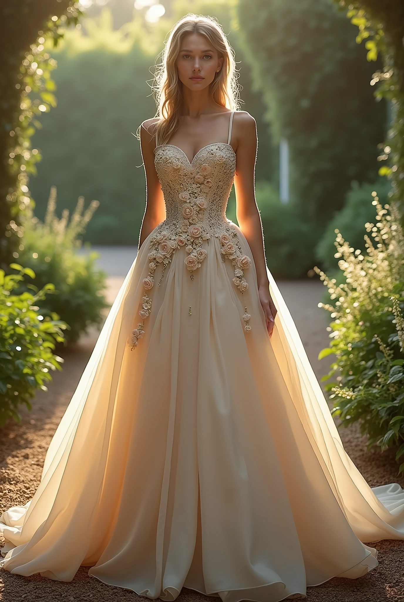 Can you make me a dress with a corset with a flower-inspired drape structure and a skirt with the front uncovered to the knee with a balloon structure?