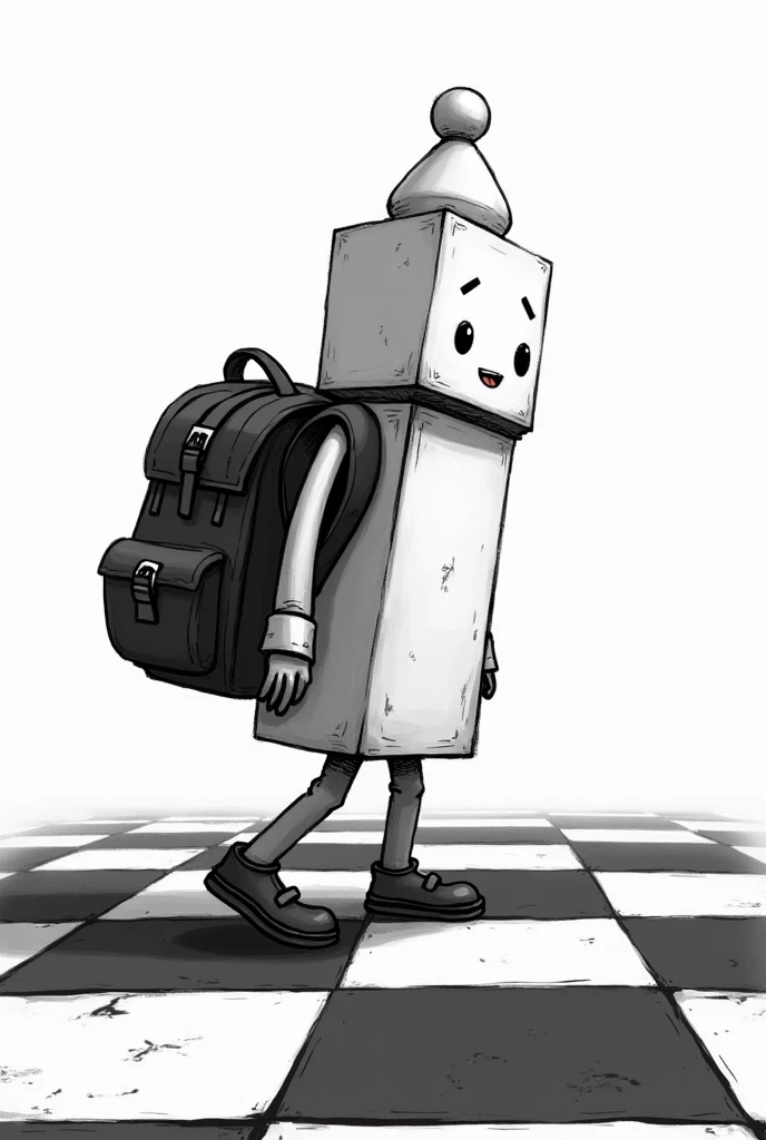A SQUARE and BLACK AND WHITE chess board, que is going on a trip. Do it with arms and legs, is alive. Carry a backpack, is going on a trip.