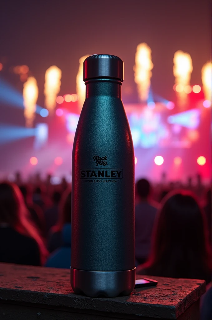 Create a Stanley bottle in the style of Rock in Rio with a concert in the background and the song Eye of the Tiger