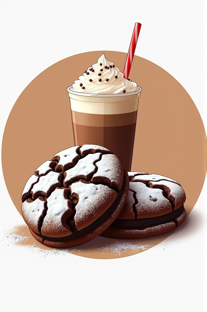 create a logo that shows chocolate crinkle cookies covered in powdered sugar and iced coffee. 

the logo must be round.

Put my business name "Juju's Pastry and Cafe" on top or bottom or in the logo.
 
Put my Business name
"Juju's Pastry and Cafe"