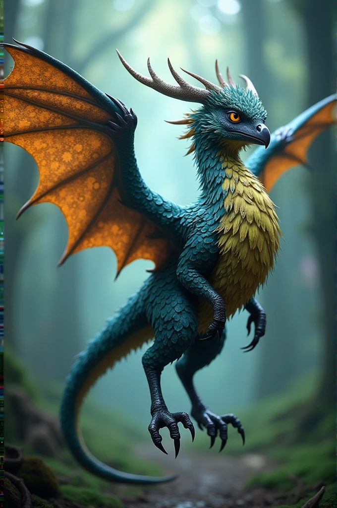 Hello, I would like you to create an image of a Harry Potter diricawl but with different characteristics, for example that it had dragon wings so it could fly, like a dragon&#39;s tail, and elongated legs like those of a buckbeak 