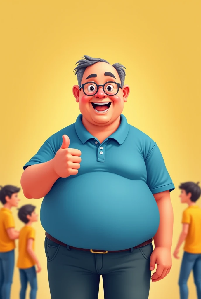 Imagine a cartoon man of approximately (40 year old), with a slightly corpulent body. He is “bald” on top of his head, but has small dark gray hair on the sides, your face is normal and not angry. He is wearing a blue polo shirt, and the bottom of the shirt is a little loose. He is smiling and giving a thumbs up with his right hand.. THE BACKGROUND IS SIMPLE, maybe a yellow color with some people in yellow in the background, so as not to divert attention from the character.