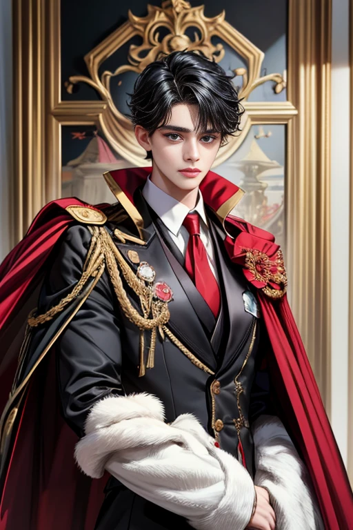 masterpiece, 最high quality, high quality, 1 boy, alone, Male focus, Upper Body,Watching the audience, Messy black hair, Adorable big blue eyes, White, Noble, Noble,A black and red cape that is bursting with sexy volume、Tuxedo、A very voluminous, large, very large, very large, long, long red and black cape with a high stand-up collar, made of a lot of fabric that reaches down to the floor., ,cute beautiful,Cute, cute, kind, handsome guy