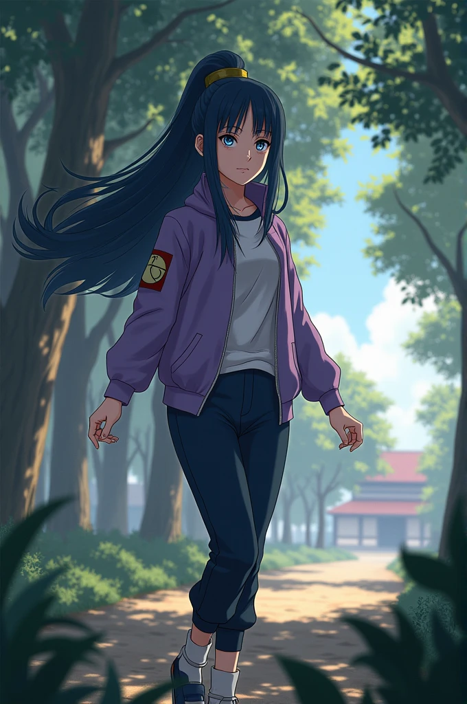 hyuga Hinata, in a typical Konoha setting, is in the center of the image. She wears her classic outfit, a lilac jacket and dark blue pants, with blue-black hair tied in long bangs and white eyes characteristic of the Hyuga clan. She's in a combat pose., with a given expression, with one hand extended in front, ready to use the Byakugan. Ao fundo, there are green trees and the village of Konoha visible in the distance. A luz do sol atravessa as folhas, creating a soft, illuminated effect in the scene.