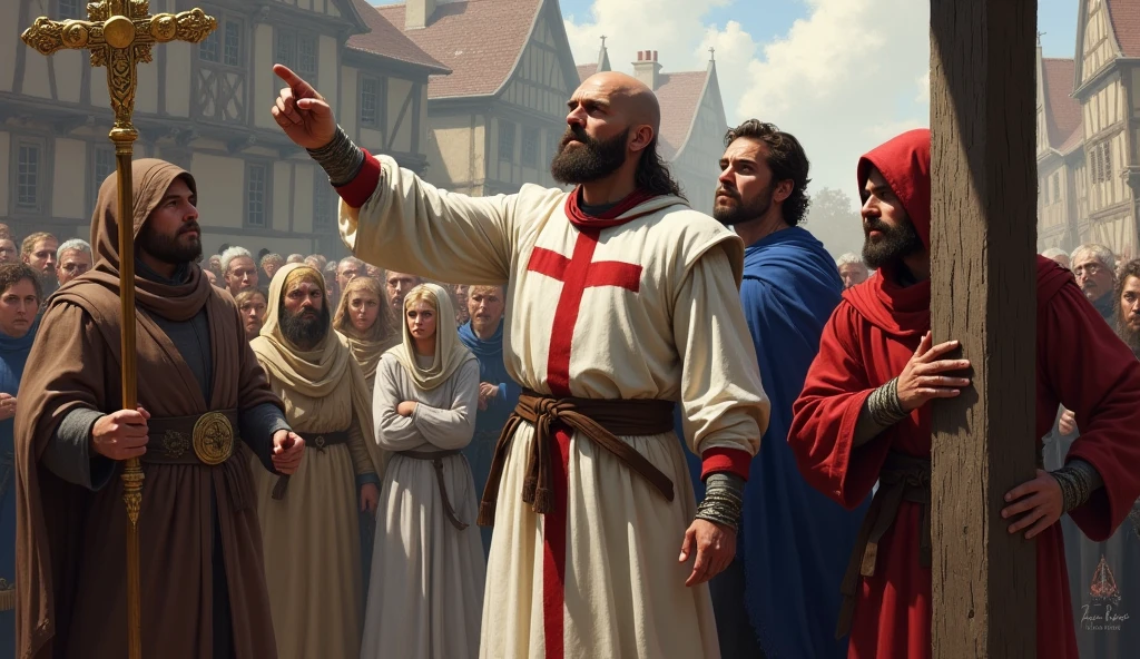 A realistic painting-style illustration depicts an intense and solemn pre-execution or sermon scene, set in a medieval European city. The central focus is on three men in the foreground. The main figure, a bald man with long hair and a full beard, wears a long white tunic adorned with a prominent red cross of Saint George on his chest, tied at the waist. He is leaning against a tall, weathered wooden post, pointing emphatically upward with his right hand as he speaks passionately. To his right is another man in a crimson hooded robe and royal blue cape. Behind them is a third man with blonde hair, partially turned around, also dressed in a white robe with a red cross, facing the lamppost. A religious figure, possibly a friar, dressed in a hooded brown robe, holds an ornate golden crucifix on a tall staff to the left of the main figures. The background features a large crowd of people dressed in various period-appropriate costumes, including knights in armor, hooded figures, and others in soft-colored cloaks and tunics. The crowd's expressions range from attentive to somber. Medieval buildings with wooden structures and gable roofs are visible, suggesting a European setting. The lighting is natural and diffuse, creating a dramatic atmosphere with moderate contrast and balanced brightness.