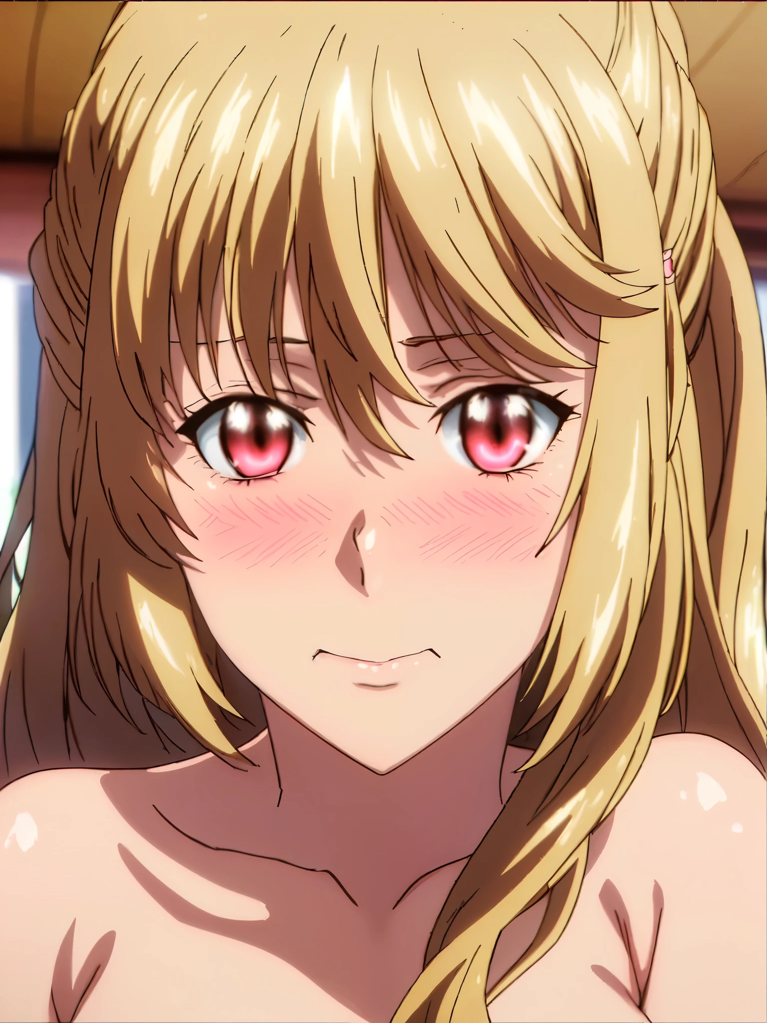 marin, 1girl, solo, long_hair, looking_at_viewer, ahegao, bangs, blonde_hair, red_eyes, jewelry, closed_mouth, collarbone, full_body, multicolored_hair, earrings, indoors, pink_eyes, eyelashes, makeup, parody, anime_coloring, big_tits, big_ass, nude