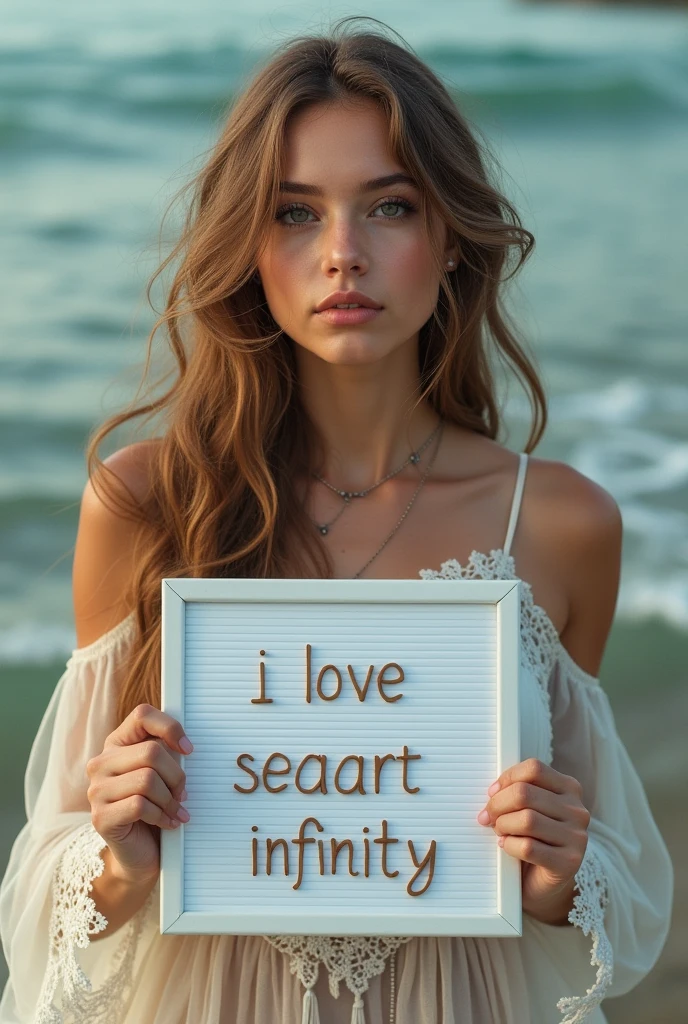 Beautiful girl with wavy long hair, bohemian dress, holding a white board with text "I Love Seaart Infinity" and showing it to the viewer