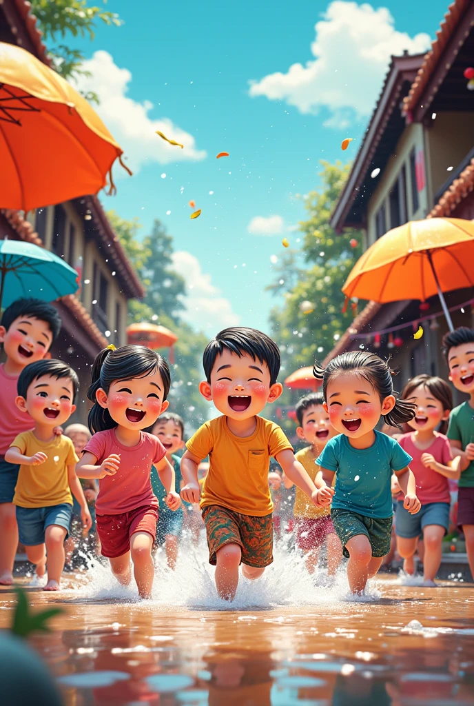 Songkran cartoon with children and adults splashing water
