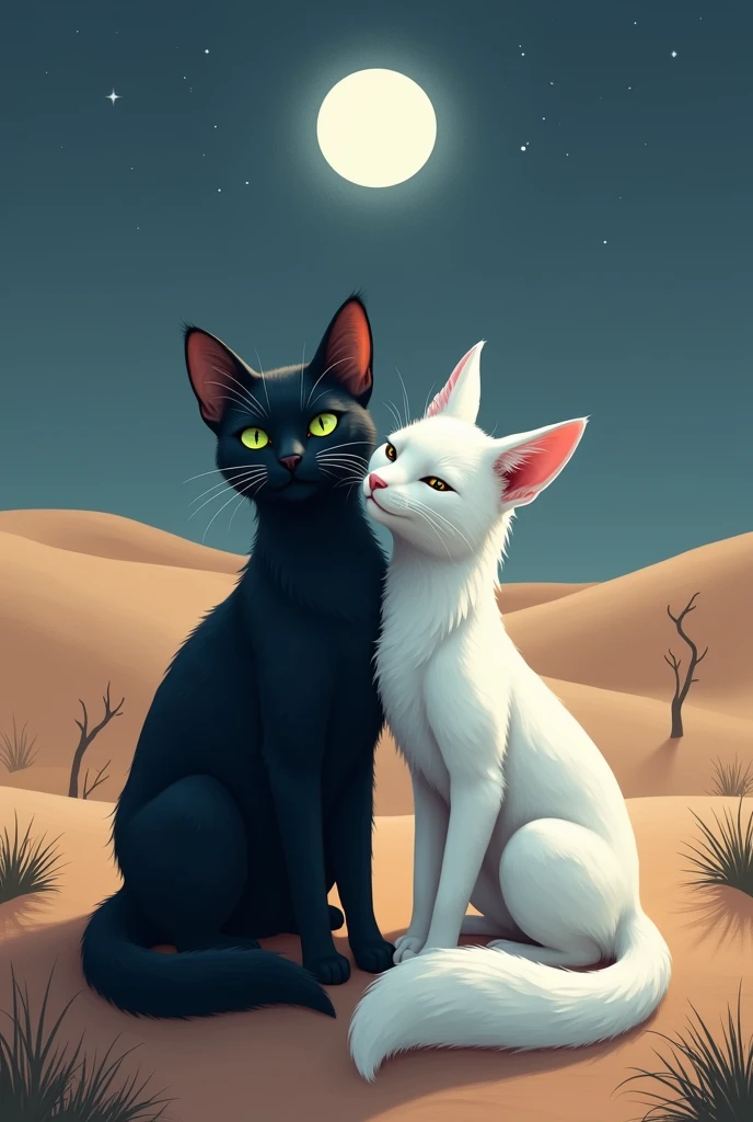 A black cat and a white fox lean on each other under the moonlight in the desert