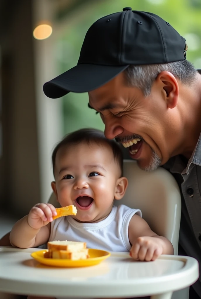 Indonesian  celebrates 6 monttting in a baby chair eathis first solid food.  Happy and laughing. Beside him was a 50 year old man.. A little fat wearing a black cap. realistic photo. facing the camera