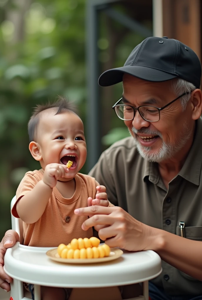 Indonesian celebrates 6 monttting in a baby chair eathis first solid food. Happy and laughing. Beside him was a 50 year old man.. A little fat wearing a black cap. realistic photo. facing the camera