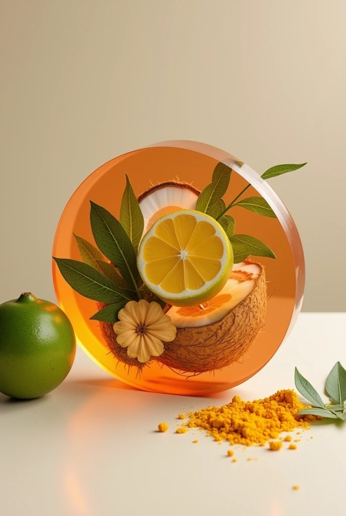 Create a transparent copper-colored soap shape with a circle of kaffir lime leaves, coconut and turmeric.