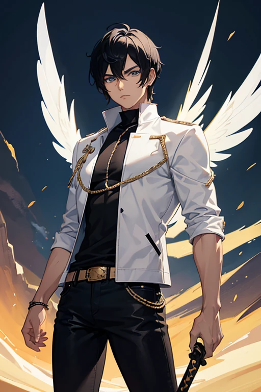 Chico, anime style black hair and eyes, wearing a black shirt with a white jacket, jeans negros, with a sword in his right hand and a girl, animated style, golden hair blue eyes, White wings, wearing white armor with gold details, standing in a desert 