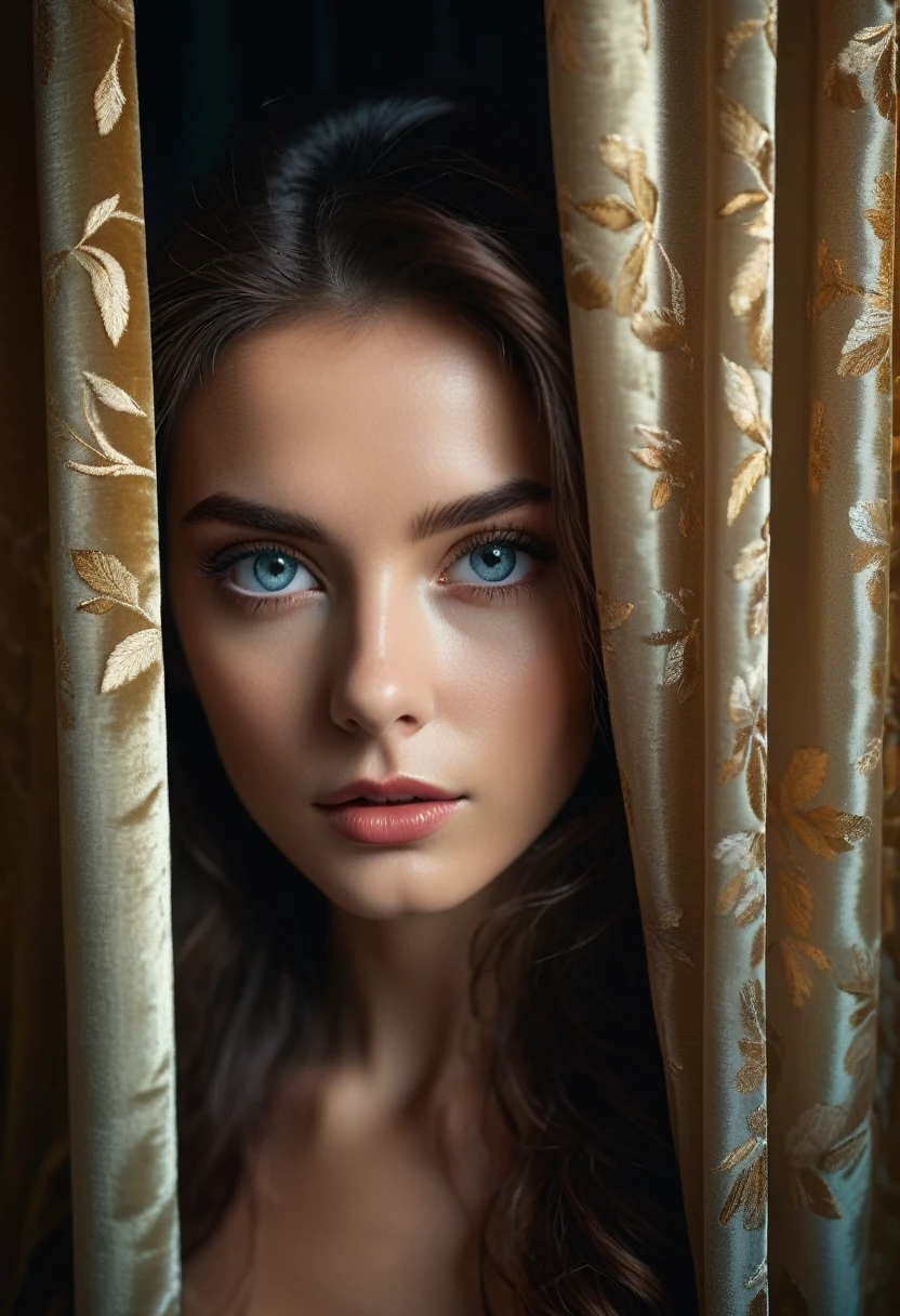 RAW photo, beautiful eyes, masterpiece, peeking out from behind the curtains, colorful details, award-winning, high detail, 8 K, daylight, analog film, detailed skin, stunning composition, complex parts, subsurface scattering, velvet hair, amazing textures, cinematic, chiaroscuro, soft light