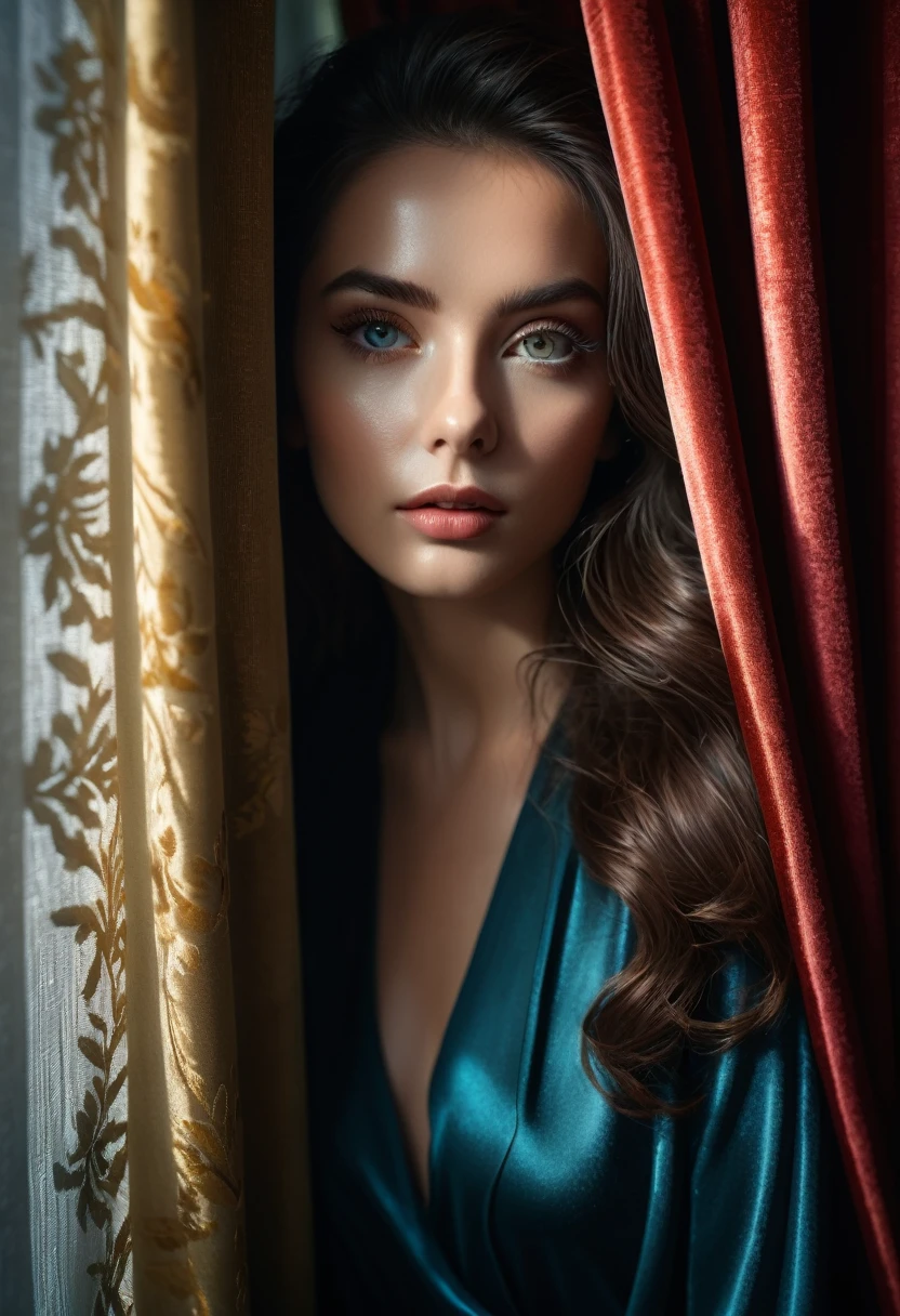 RAW photo, beautiful eyes, masterpiece, peeking out from behind the curtains, colorful details, award-winning, high detail, 8 K, daylight, analog film, detailed skin, stunning composition, complex parts, subsurface scattering, velvet hair, amazing textures, cinematic, chiaroscuro, soft light