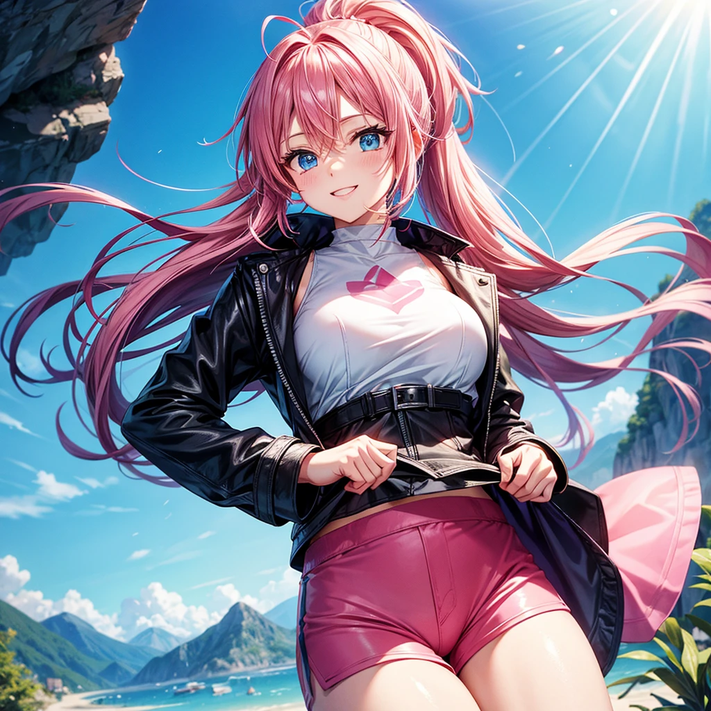 ((((cute)))), (Pink Hair), (((Long Ponytail))),(Butterfly hair fastening), Mountain Background ,(((A radiant smile))), (((Pink Hot Pants))), (Anime Style), (((Aquamarine blue eyes))),Slightly enlarged chest, Staring at the audience, (((Black long coat))),Exposing the abdomen,((Light hitting the eyes)),(((Glowing Skin)))