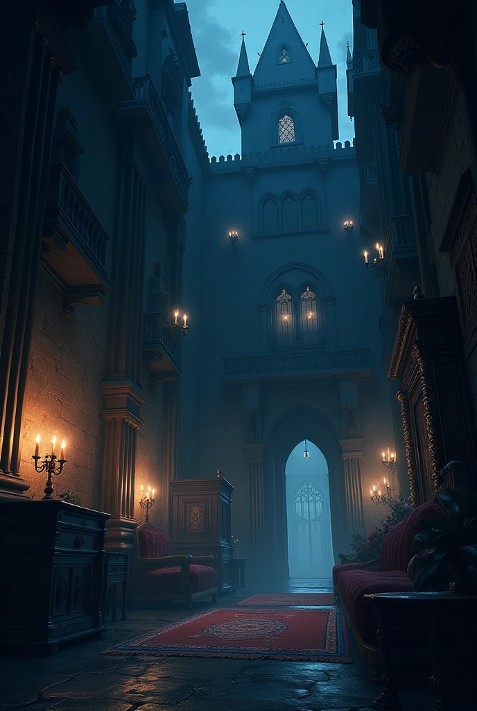 Game background - menu anime fantasy cartoon medieval without people castle ominous scary inside the castle inside the building living room