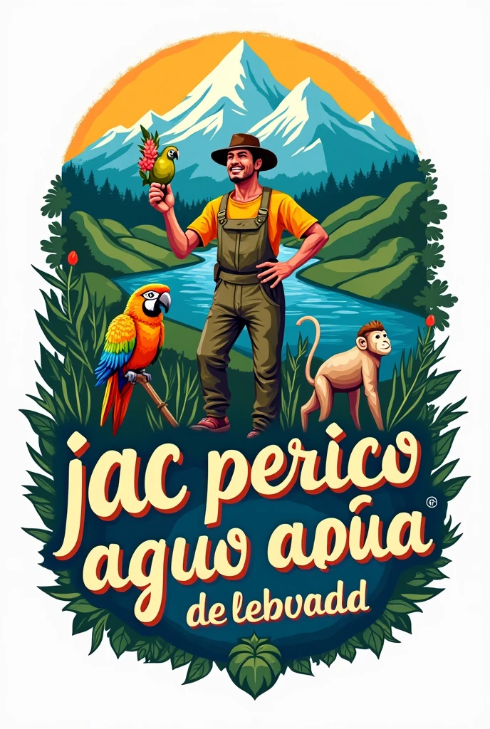 Create a logo in Spanish for a company with the following characteristics: Image with the two peaks of the Sierra Nevada of Santa Marta, farmer, laguna, river to the sea, Macaw, monkey and box that says: JAC PERICO AGUAO SIDEWALK