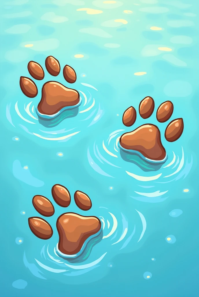Three dog paw prints in the water with the trace of a human hand in the water. Version cartoon