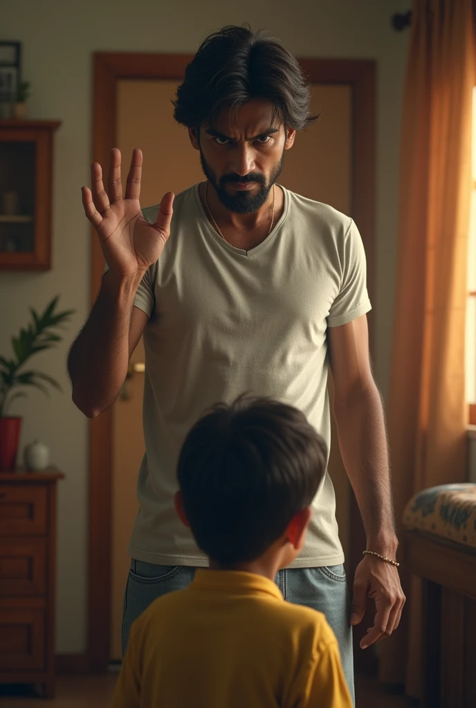 A young 30 year old Indian man scolding his child in their house by ...